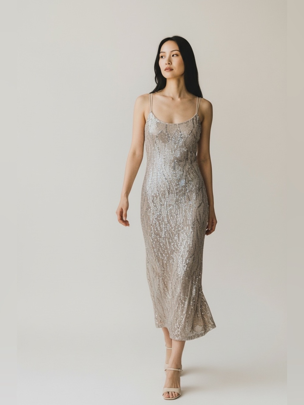 Sequin Slip Midi Dress in Silver-Taupe